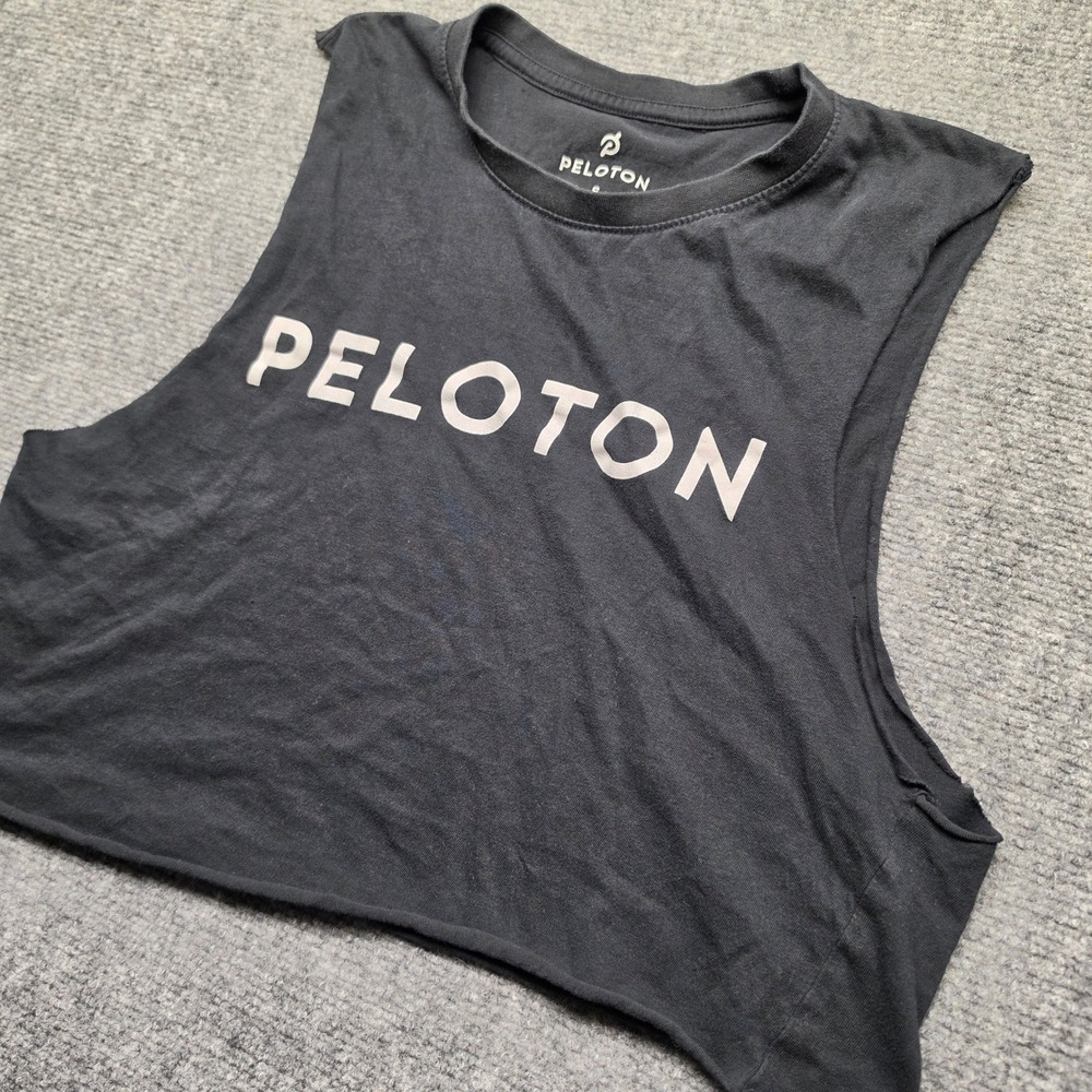 Peloton Womens Black Logo Crop Muscle Tank Top Sleeveless Cotton Gym Shirt S